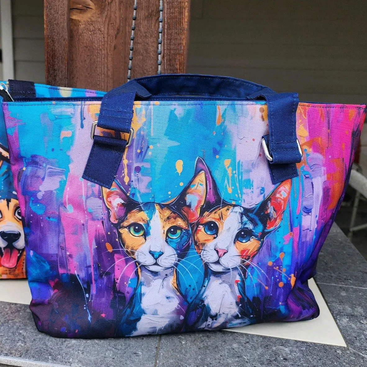 Pup Friends Whimsical Original Cat Art Perfect Little Canvas Shoulder Bag