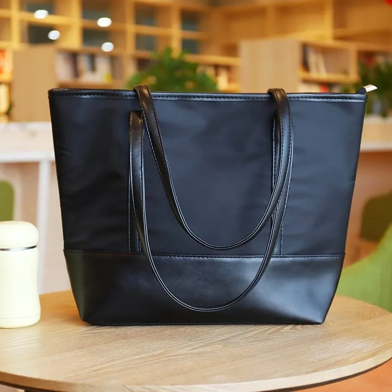 QH-Shop Tote Bag, Beach Bag Splash Water Proof Nylon PU Stitching Handbag Large Capacity Women Girls Shoulder Bag for School Work Travel Shopping Black