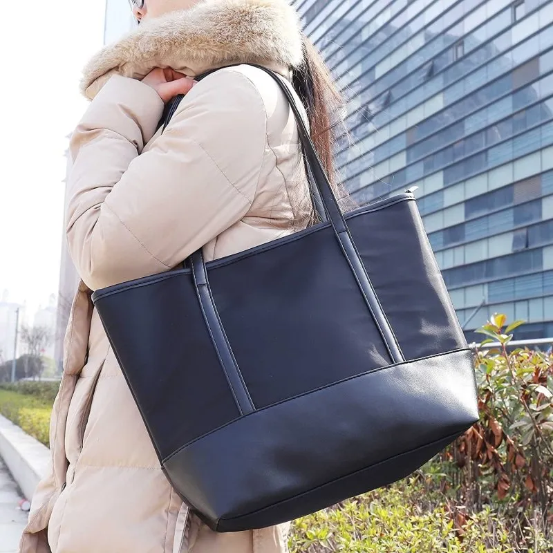 QH-Shop Tote Bag, Beach Bag Splash Water Proof Nylon PU Stitching Handbag Large Capacity Women Girls Shoulder Bag for School Work Travel Shopping Black