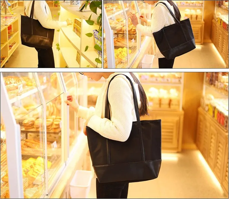 QH-Shop Tote Bag, Beach Bag Splash Water Proof Nylon PU Stitching Handbag Large Capacity Women Girls Shoulder Bag for School Work Travel Shopping Black