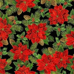 Red Poinsettia on Black, Deck the Halls, Timeless Treasures