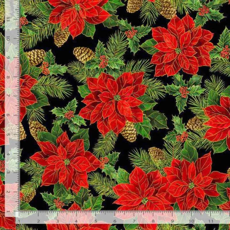 Red Poinsettia on Black, Deck the Halls, Timeless Treasures