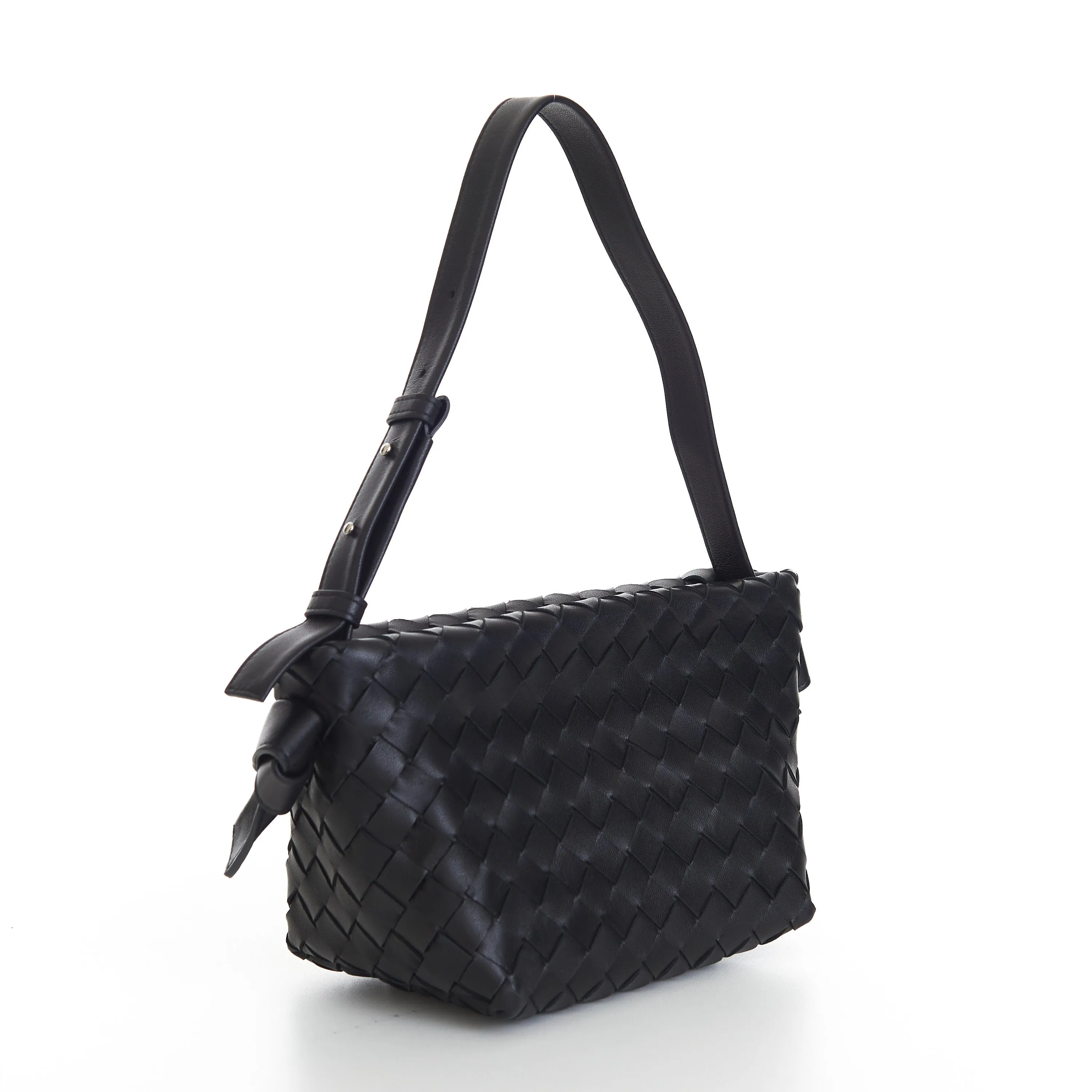 Small Tie Shoulder Bag In Black Intrecciato Leather