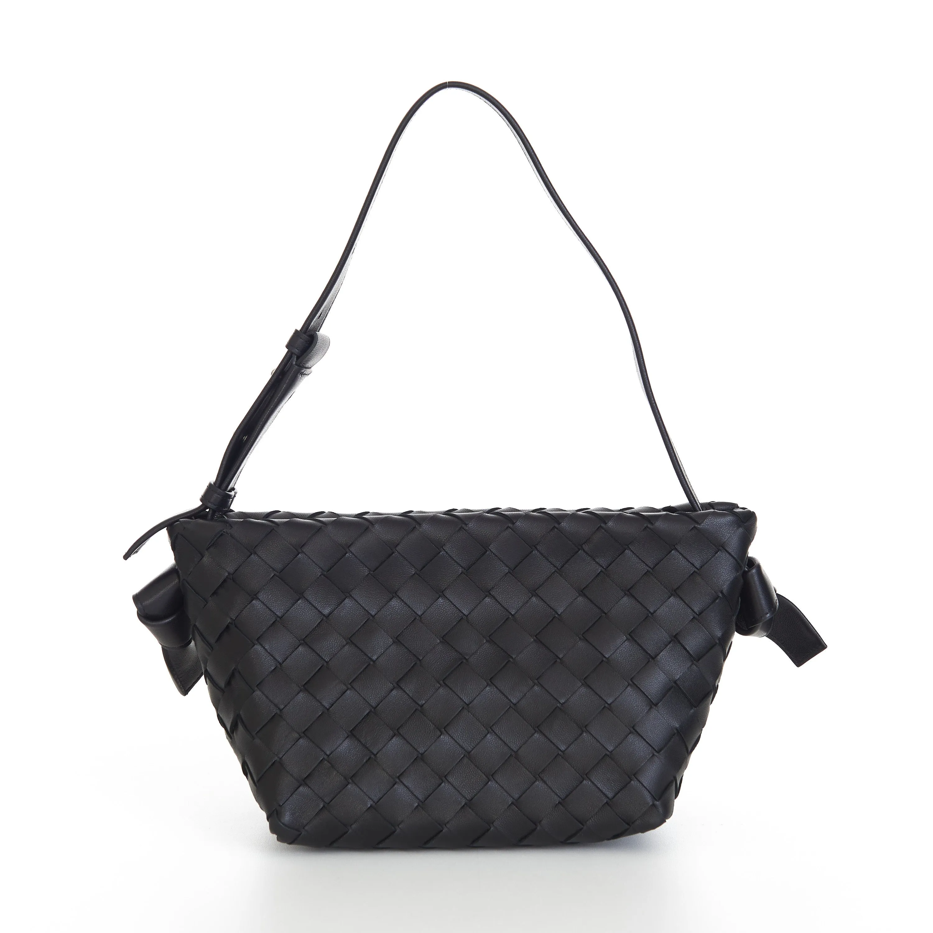 Small Tie Shoulder Bag In Black Intrecciato Leather