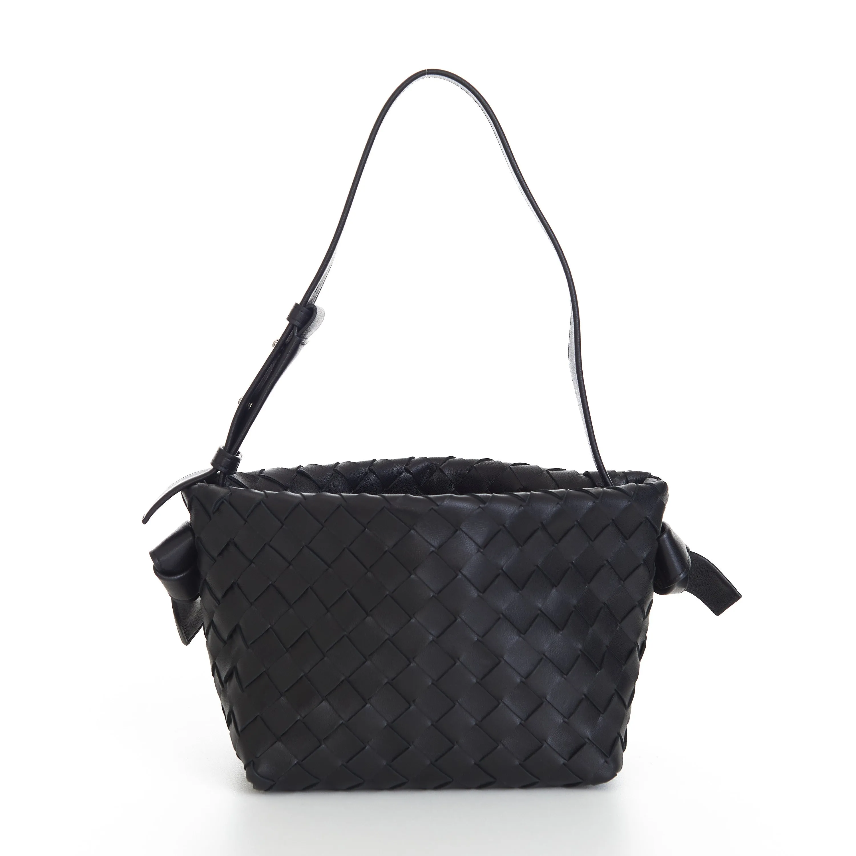 Small Tie Shoulder Bag In Black Intrecciato Leather