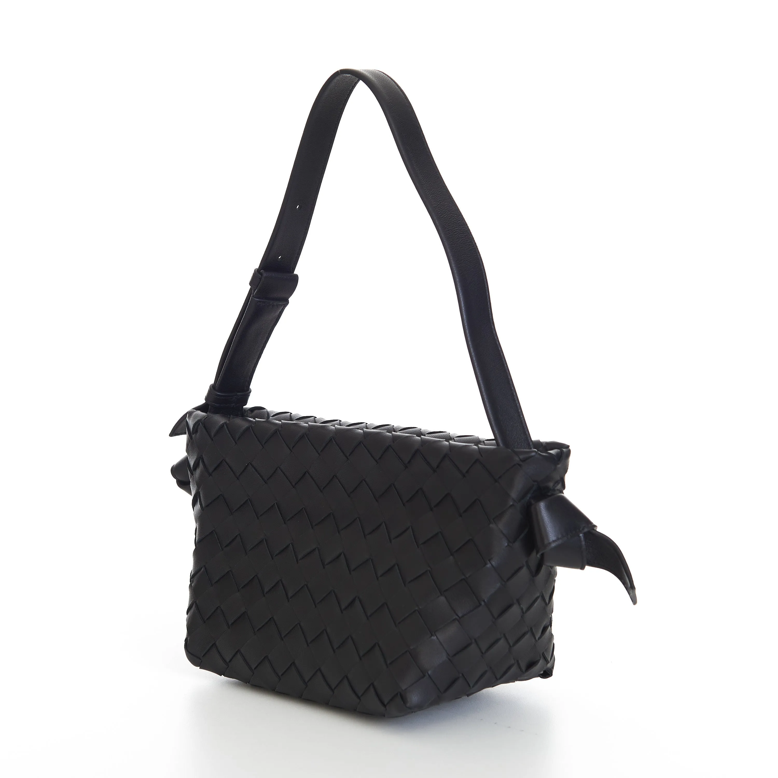 Small Tie Shoulder Bag In Black Intrecciato Leather