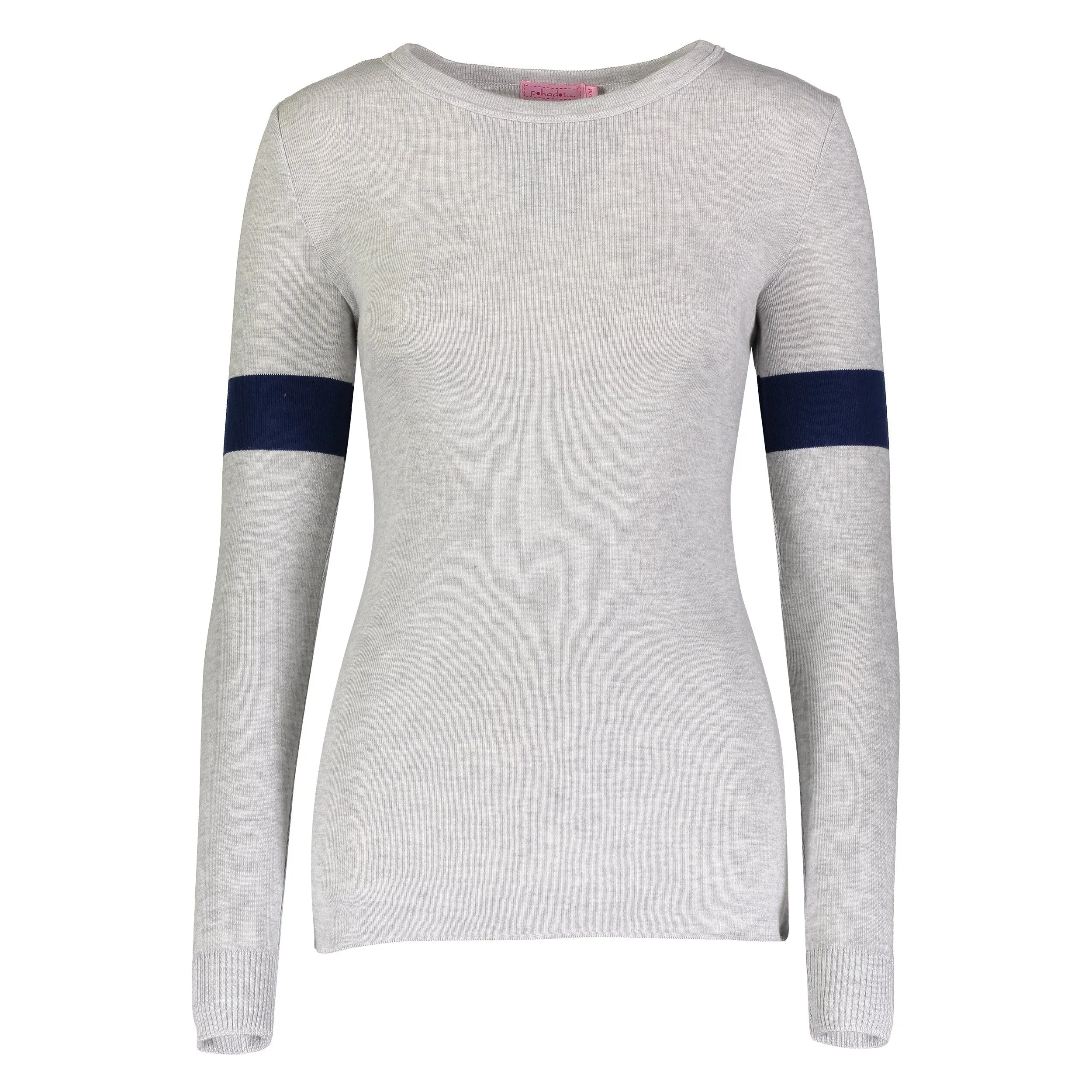 SOPHIA SLOUCHY CREW LS Heather Grey w Navy Sleeve Stripe