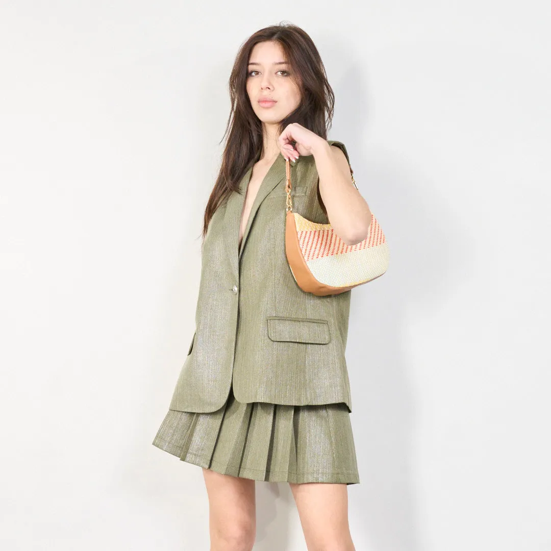 Woven straw shoulder bag with leather trim wholesale