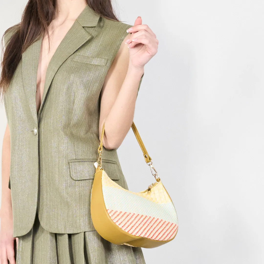 Woven straw shoulder bag with leather trim wholesale